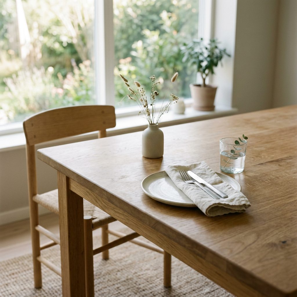 Wooden dining table with plate, napkin, fork and knife, glass of water, and small vase of dried flowers near window